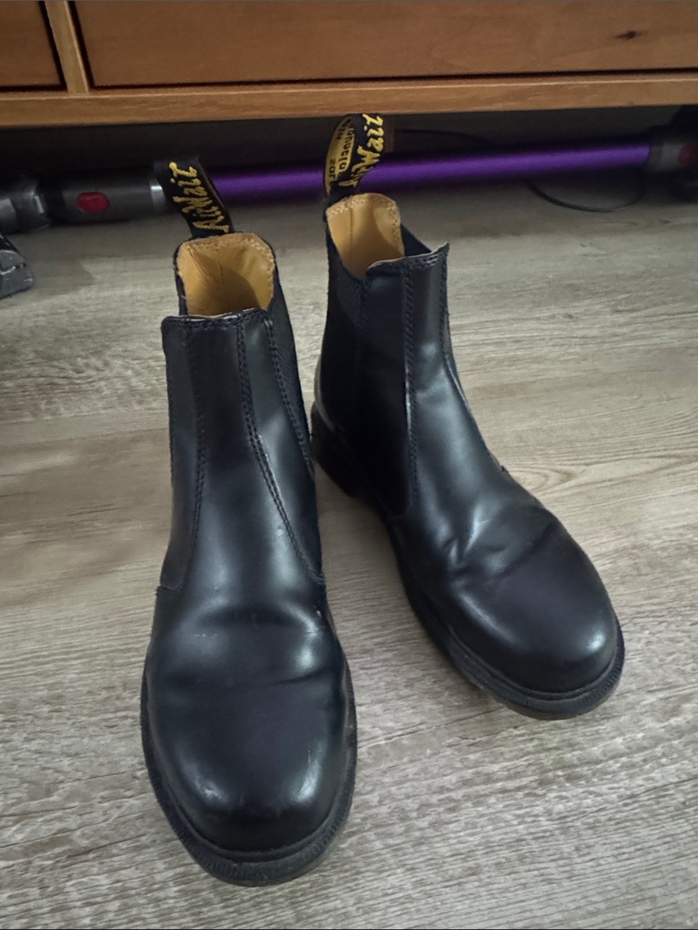 Dr. Martens Black Leather Chelsea Ankle Boots with Yellow Heel Loop